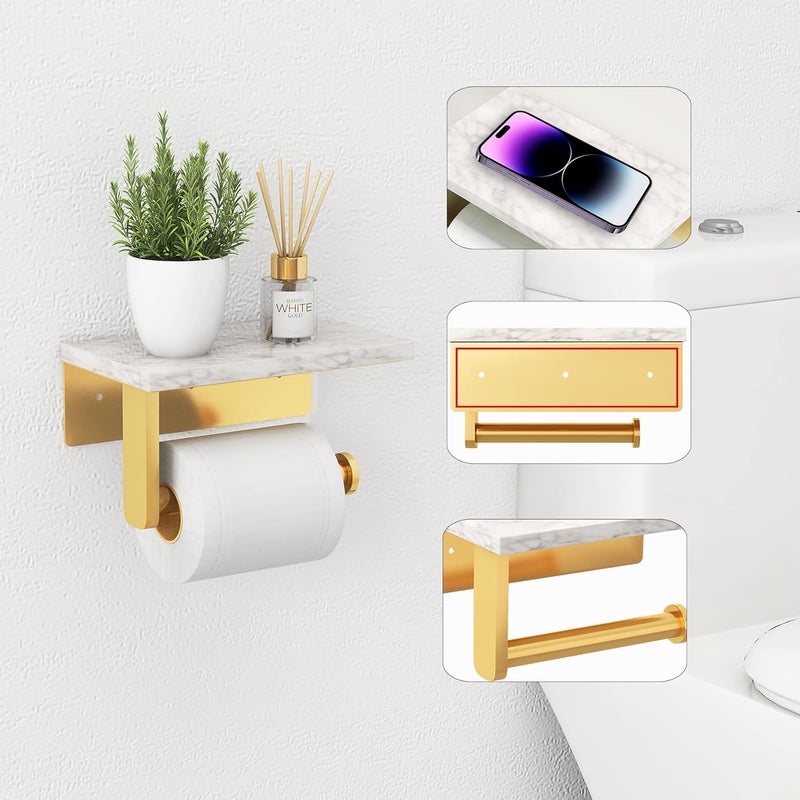 Gypie Brushed Gold Toilet Paper Holder with Natural Marble Shelf, 304 Stainless Steel Screw Wall Mounted, Tissue Roll Paper Holder Dispenser for Bathroom Washroom - Image 2